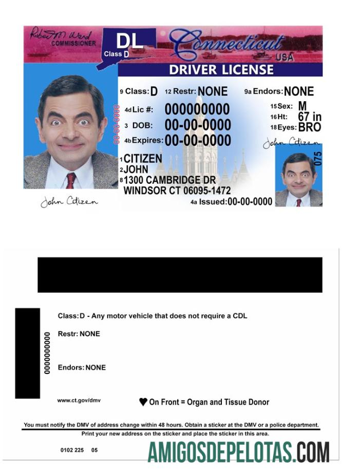 Carta de condução dos EUA Connecticut versão 2 exemplo real